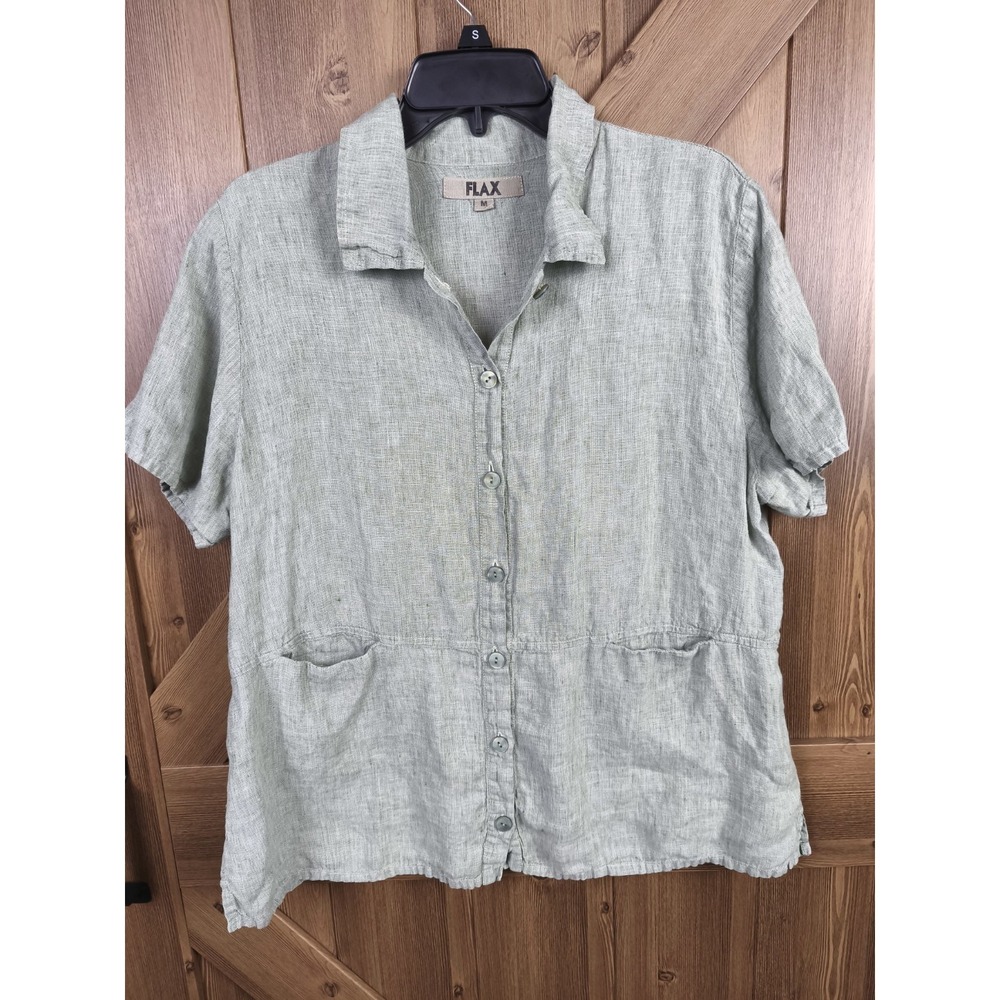 FLAX 100% Linen Button Front Shirt Womens Medium Green Lithuania